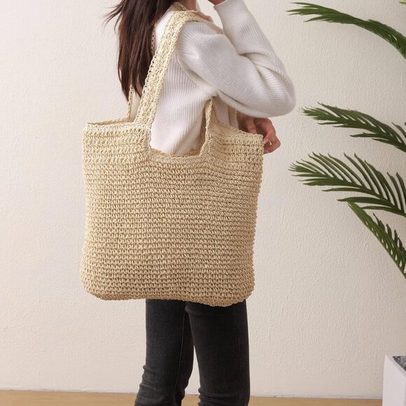 Large Woven Straw Beach Bag Women Summer Tote Handbag Purse Vacation - Picture 4 of 7